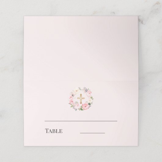 Pink floral wreath gold cross baptism プレイスカード (外部開封)