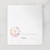 Pink floral wreath gold cross bow ribbon プレイスカード (外部開封)