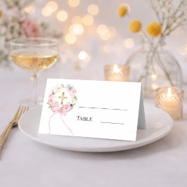 Pink floral wreath gold cross bow ribbon プレイスカード