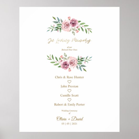 Pink Floral Wreath In Loving Memory Wedding Table ポスター (正面)