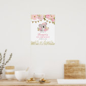 Pink Floral Wreath Koala Kid's Birthday Welcome ポスター (キッチン)