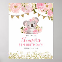 Pink Floral Wreath Koala Kid's Birthday Welcome ポスター