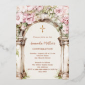 Pink florals arch beige rose gold Confirmation 箔招待状 (正面)