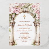 Pink florals arch beige rose gold Confirmation 箔招待状 (正面)