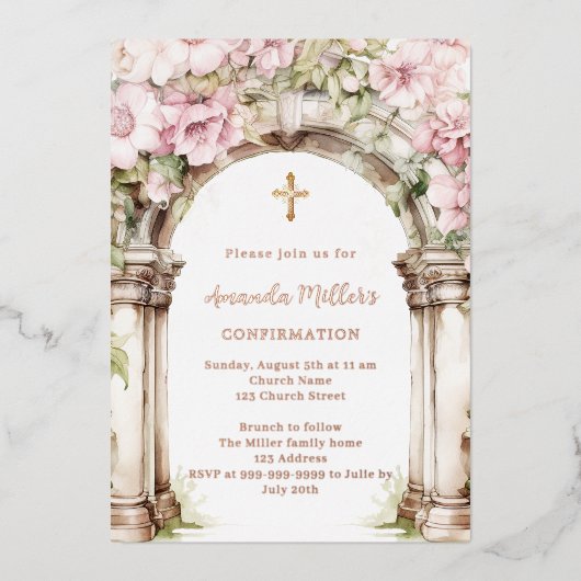 Pink florals arch beige rose gold Confirmation 箔招待状 (正面)