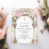 Pink florals arch girl First Communion 招待状