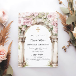 Pink florals arch girl First Communion 招待状