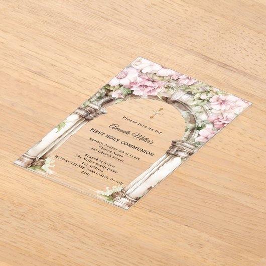 Pink florals arch girl First Communion clear アクリル招待状 (レイダウン)
