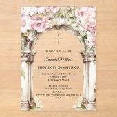Pink florals arch girl First Communion clear アクリル招待状 (正面)