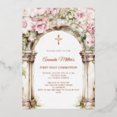 Pink florals arch girl First Communion rose gold 箔招待状 (正面)
