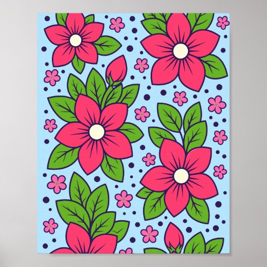 Pink Florals with Bold Petals and Green Leaves ポスター (正面)