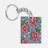 Pink Florals with Green Leaves and Curved Details キーホルダー (正面左)