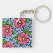 Pink Florals with Green Leaves and Curved Details キーホルダー (裏面)