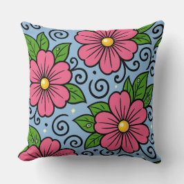 Pink Florals with Green Leaves and Curved Details クッション