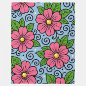 Pink Florals with Green Leaves and Curved Details フリースブランケット (正面)