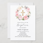 Pink florals wreath cross girl baptism 招待状 (正面)