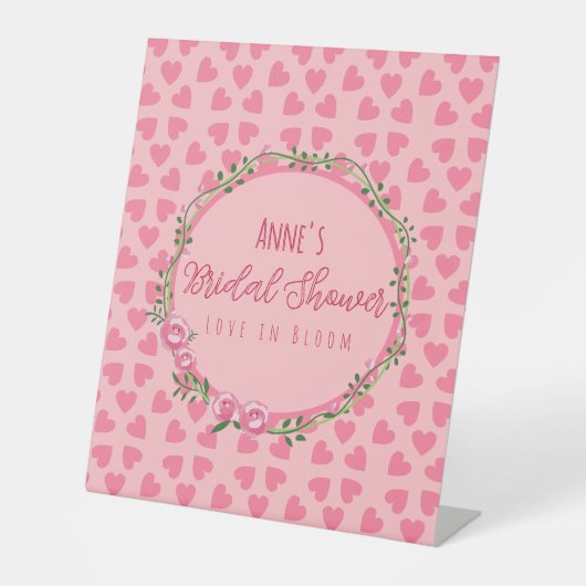 Pink Flower and Hearts Bridal Shower Pedestal Sign 台座サイン (正面)