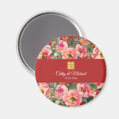 Pink flower background double happiness symbol マグネット (正面/裏面)