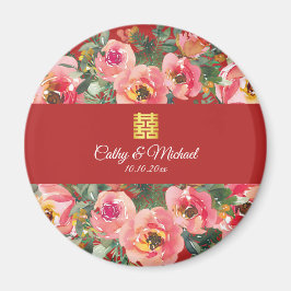 Pink flower background double happiness symbol マグネット