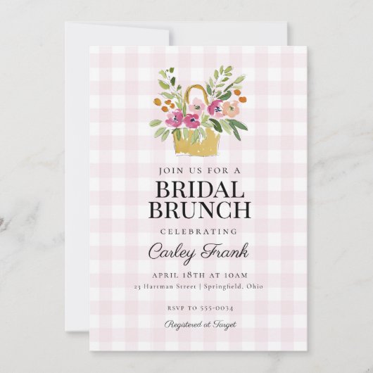 Pink Flower Basket Bridal Shower Brunch 招待状 (正面)