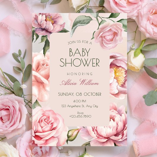 Pink flower bloom baby shower 招待状