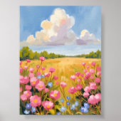 Pink Flower Field Landscape Painting ポスター (正面)