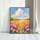 Pink Flower Field Landscape Painting ポスター
