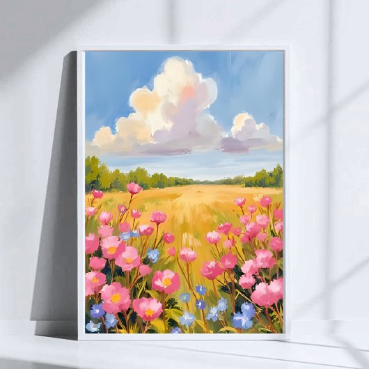 Pink Flower Field Landscape Painting ポスター