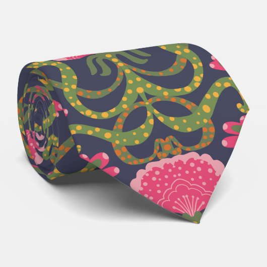 Pink Flower Green Leaf Neck Tie ネクタイ (ロール)