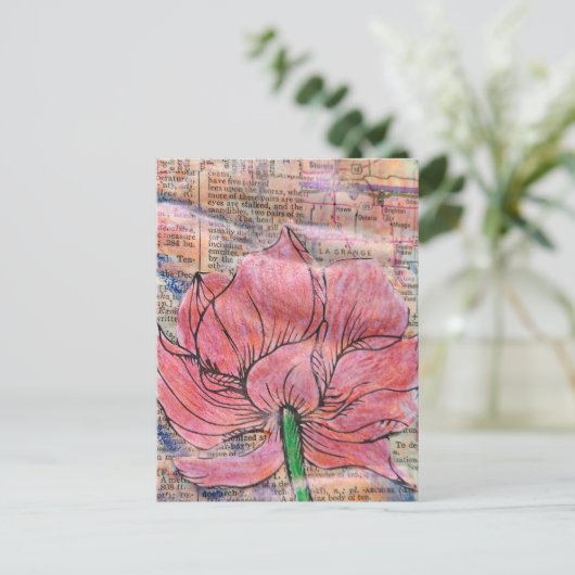 Pink Flower Map and Words Mixed Media Collage ポストカード (スタンド正面)