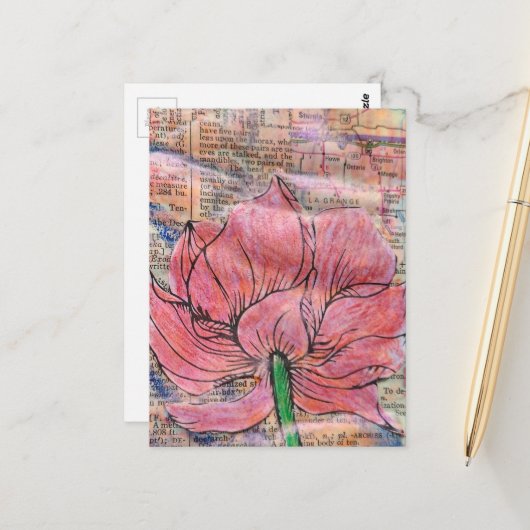 Pink Flower Map and Words Mixed Media Collage ポストカード (正面/裏面インサイチュ)