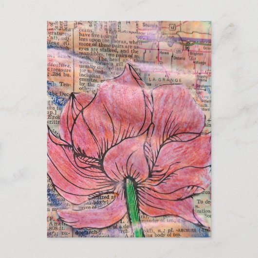 Pink Flower Map and Words Mixed Media Collage ポストカード (正面)
