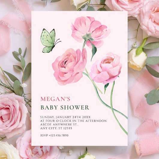 Pink flower minimalist baby shower 招待状