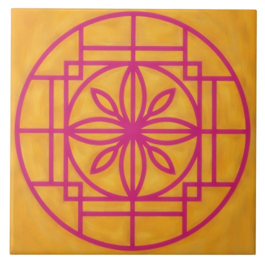 Pink Flower Symbol Decorative Tile on Gold タイル (正面)