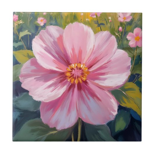 Pink Flower Watercolor Botanical Floral Painting タイル (正面)