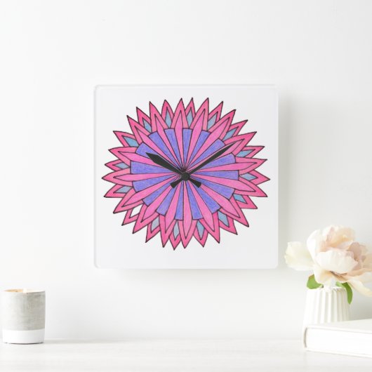 Pink Flowerburst スクエア壁時計 (ホーム)