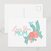 Pink flowers and blue birds love you mom text ポストカード (正面/裏面)