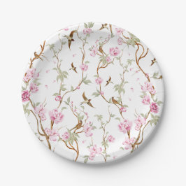 pink flowers and green leaves ペーパープレート