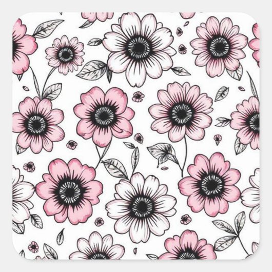 Pink flowers and leaves sketch design スクエアシール (正面)