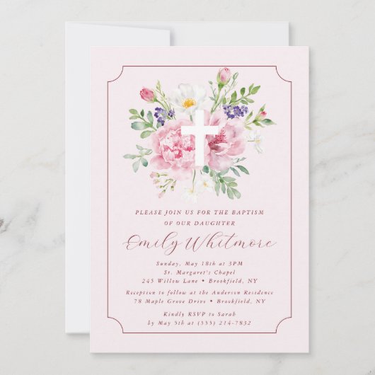 Pink FLOWERS Baptism Invitation for Girl 招待状 (正面)