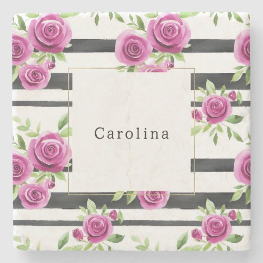Pink Flowers Black Stripes   ストーンコースター (正面)