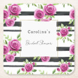 Pink Flowers Black Stripes Bridal Shower スクエアペーパーコースター<br><div class="desc">Pink Flowers Black Stripes Bridal Shower</div>