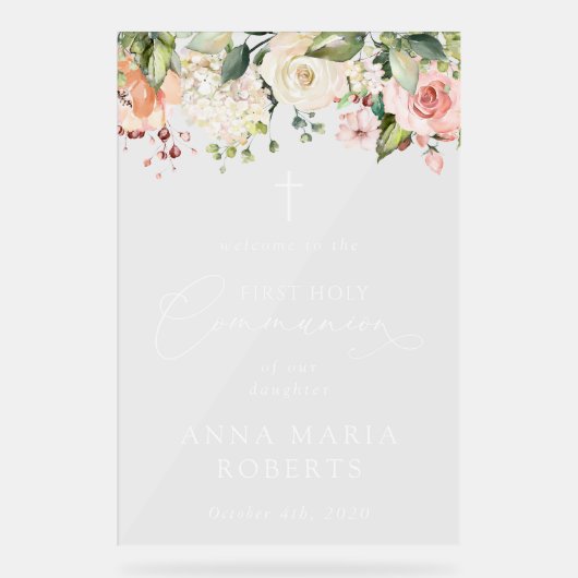 Pink Flowers, Boho, First Holy Communion Welcome アクリルサイン (正面)