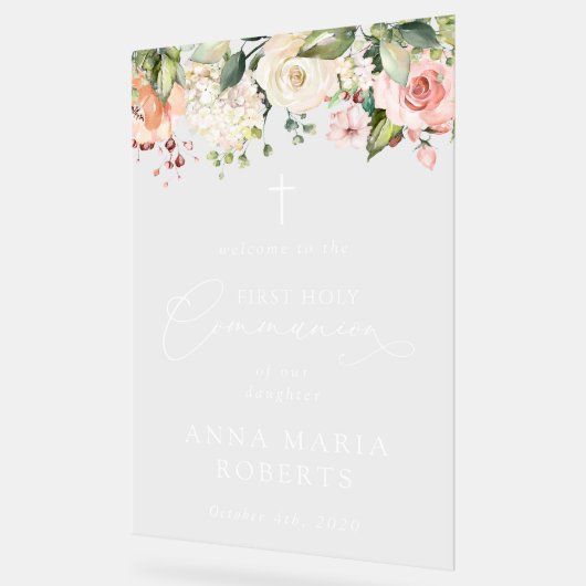 Pink Flowers, Boho, First Holy Communion Welcome アクリルサイン (傾斜)