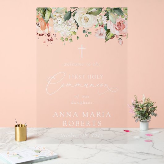 Pink Flowers, Boho, First Holy Communion Welcome アクリルサイン (ウェディング)