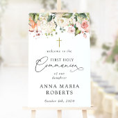 Pink Flowers, Boho, First Holy Communion Welcome ポスター