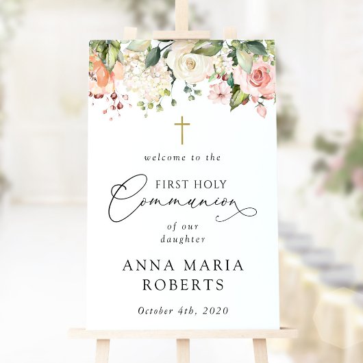 Pink Flowers, Boho, First Holy Communion Welcome ポスター