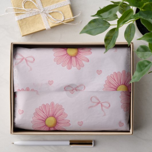 Pink flowers, bows, and hearts tissue paper 薄葉紙 (ギフト)