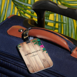 Pink flowers brown wood  ラゲッジタグ