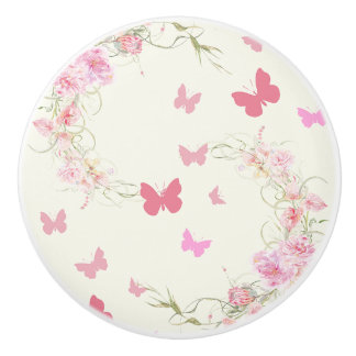 Pink Flowers, Butterflies, Pale Pink Background セラミックノブ
